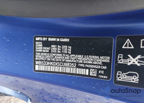 2025 BMW M4 Competition xDrive z USA, uszkodzony, nr VIN WBS33HK0XSCU88352